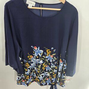Jaclyn Smith Collection Navy Floral Sheer Tie Front Top Size XXL